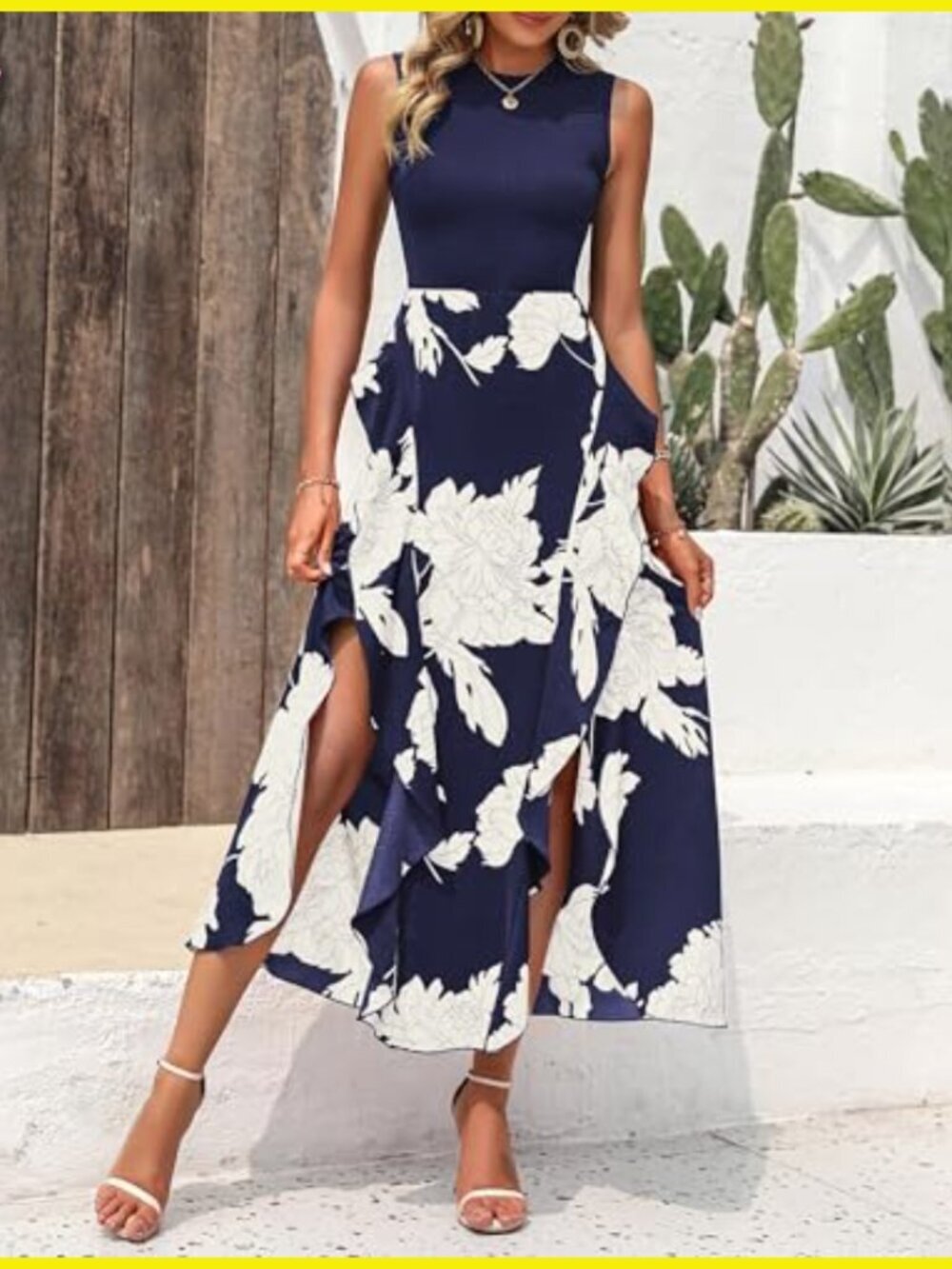 Floral Ruffle Midi Dress Sleeveless A-Line Boho Wedding Guest Party - Picture 3 of 7